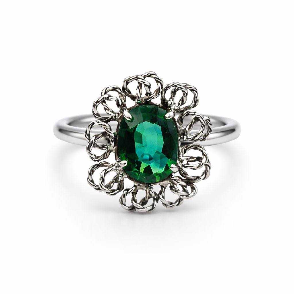 ANILLO EN ORO BLANCO CON ZAFIRO VERDE OVALADO - Castafiore