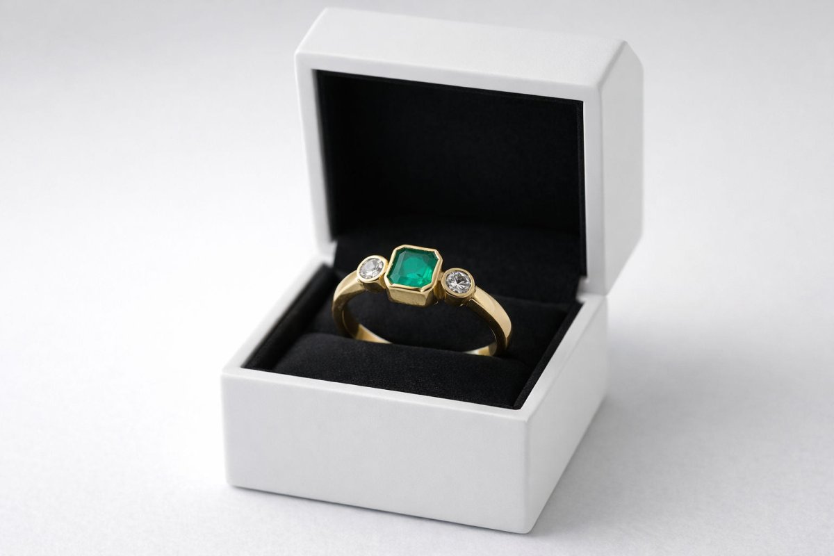 ANILLO EN ORO CON UNA ESMERALDA Y DIAMANTES - Castafiore