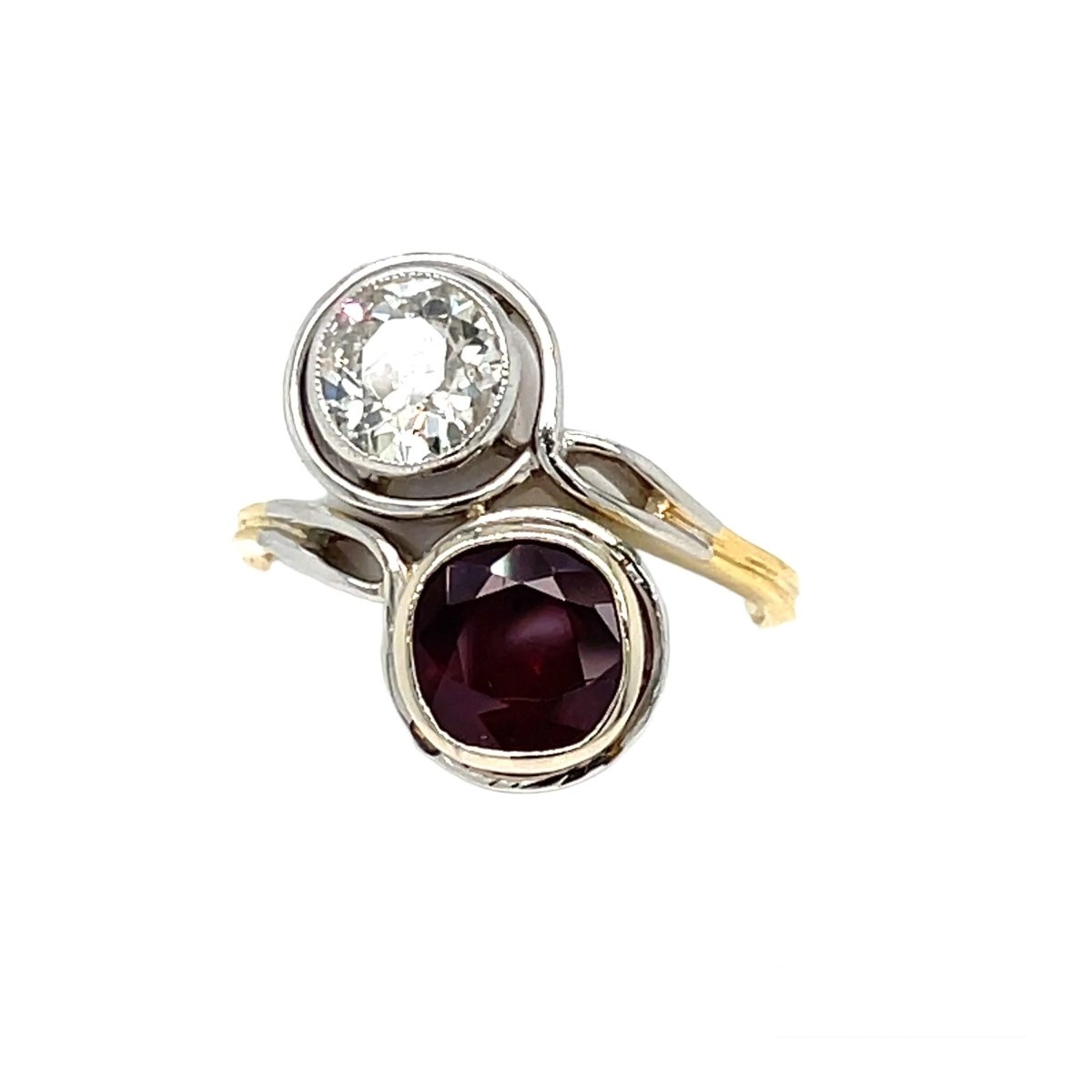 Antique Diamond Ruby Platinum Gold Vous et Moi Ring - Castafiore