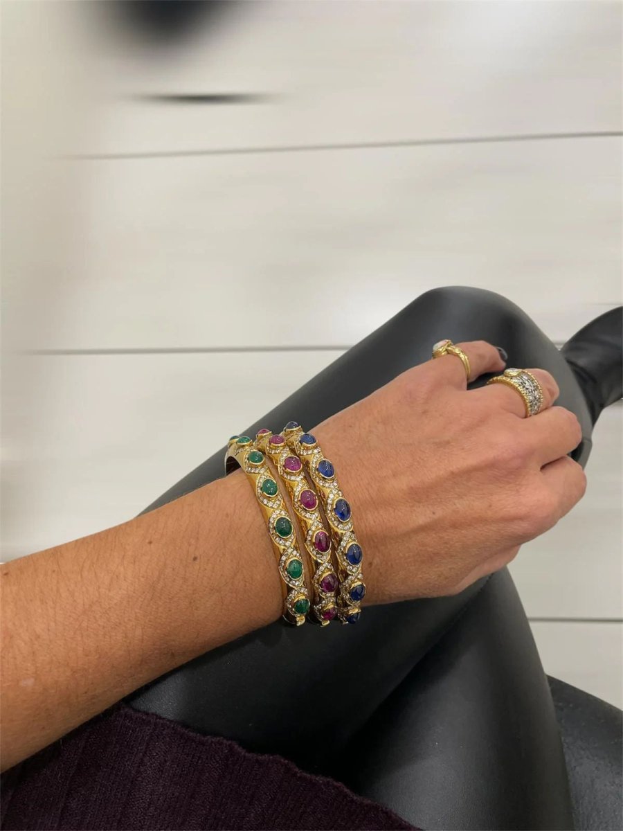 Arcese Rome Diamonds, Sapphire, Ruby, Emerald Gold Trio Of Bangle Bracelets - Castafiore