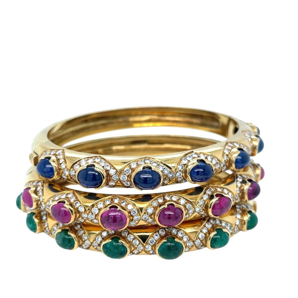 Arcese Rome Diamonds, Sapphire, Ruby, Emerald Gold Trio Of Bangle Bracelets - Castafiore