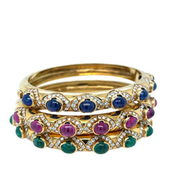 Arcese Rome Diamonds, Sapphire, Ruby, Emerald Gold Trio Of Bangle Bracelets - Castafiore