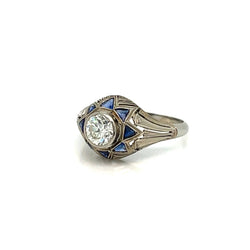Art Deco 0.80 Carat Diamond Sapphire Filigree Ring - Castafiore