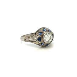 Art Deco 0.80 Carat Diamond Sapphire Filigree Ring - Castafiore