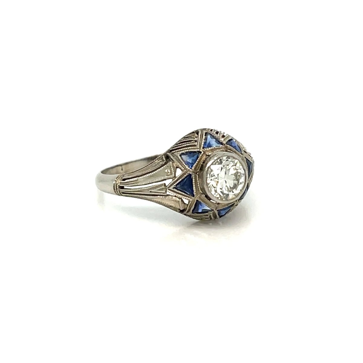 Art Deco 0.80 Carat Diamond Sapphire Filigree Ring - Castafiore