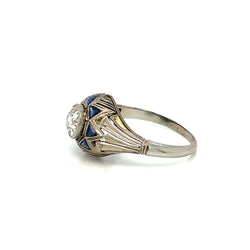 Art Deco 0.80 Carat Diamond Sapphire Filigree Ring - Castafiore