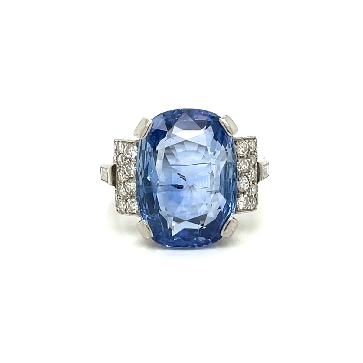 Art Deco Certified 15.50 Carat Unheated Sapphire Diamond Platinum Ring - Castafiore