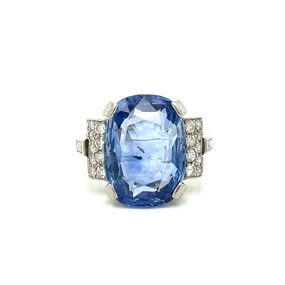 Art Deco Certified 15.50 Carat Unheated Sapphire Diamond Platinum Ring - Castafiore