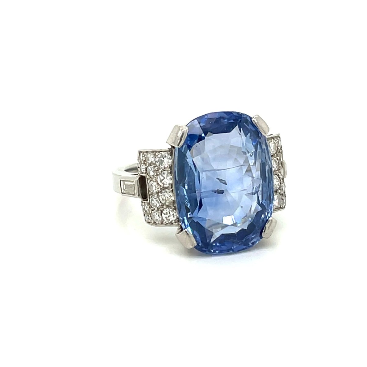 Art Deco Certified 15.50 Carat Unheated Sapphire Diamond Platinum Ring - Castafiore