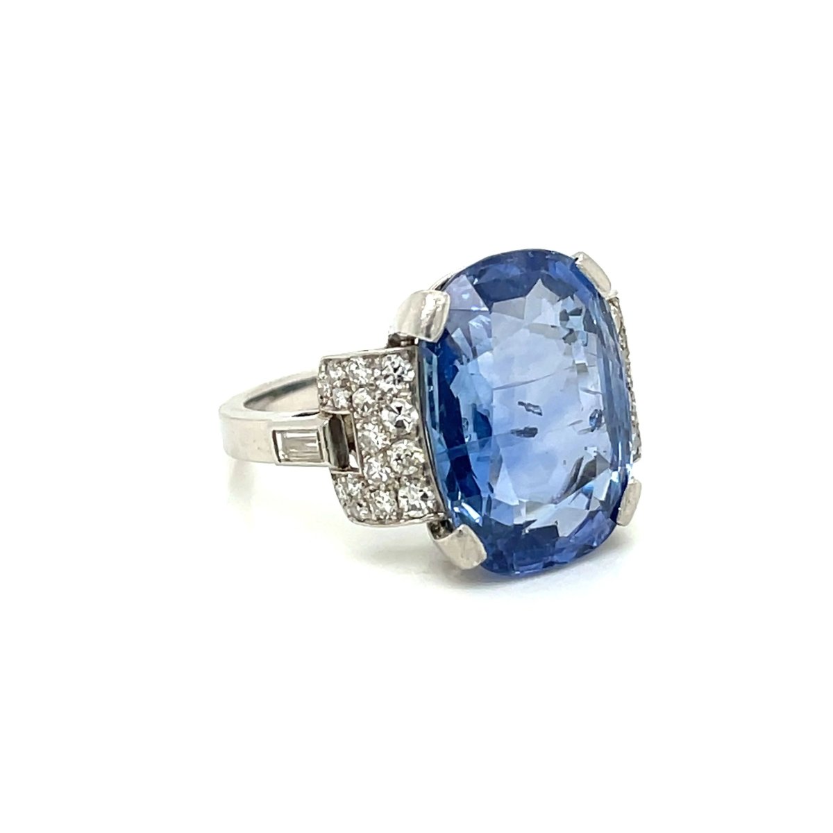 Art Deco Certified 15.50 Carat Unheated Sapphire Diamond Platinum Ring - Castafiore