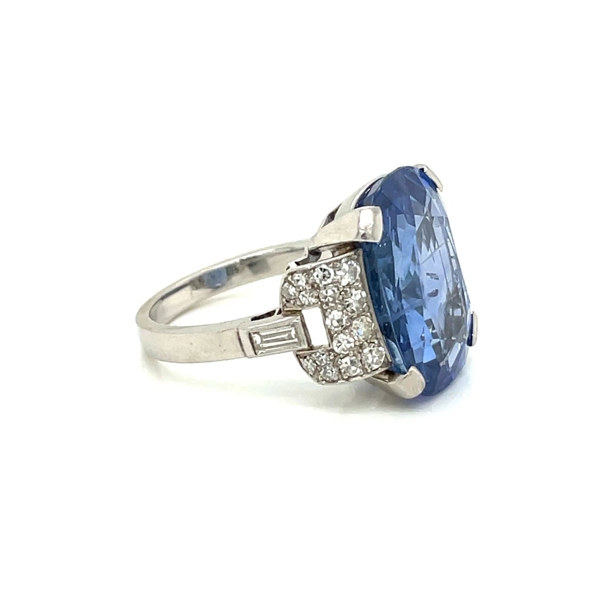 Art Deco Certified 15.50 Carat Unheated Sapphire Diamond Platinum Ring - Castafiore