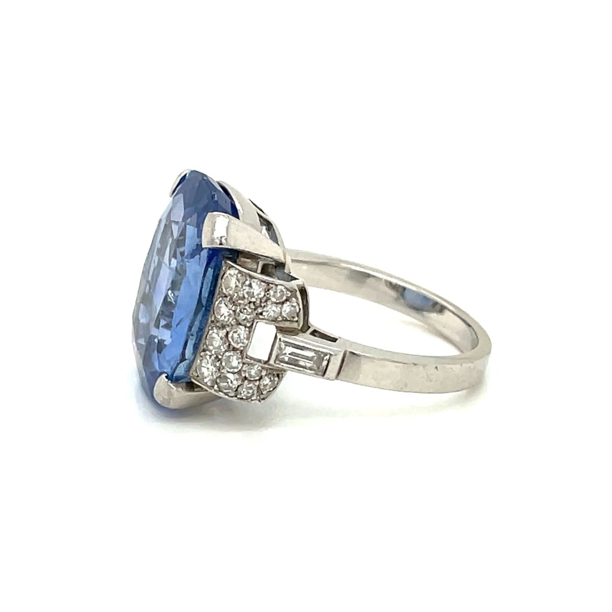 Art Deco Certified 15.50 Carat Unheated Sapphire Diamond Platinum Ring - Castafiore