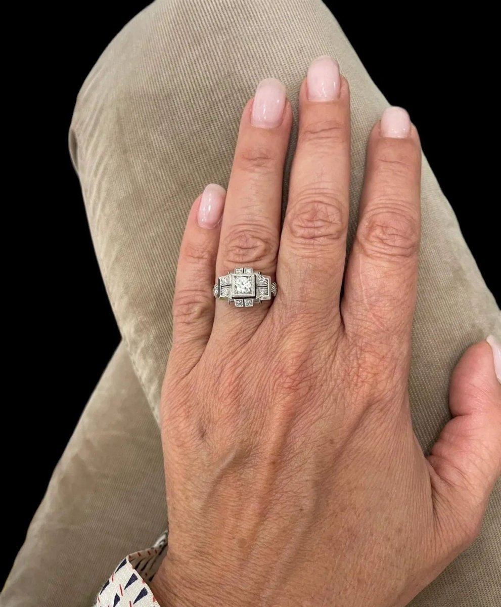 Art Deco Diamond Plaque Filigree Engagement Ring - Castafiore