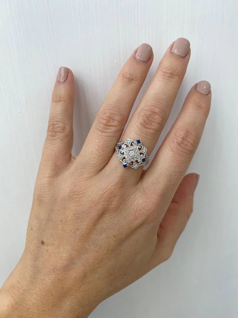 Art Deco Diamond Sapphire Cocktail Ring - Castafiore