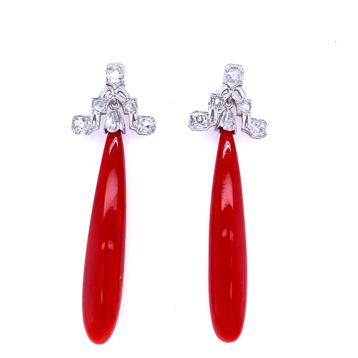 Art Deco Sardinian Coral Diamond Gold Drop Earrings - Castafiore