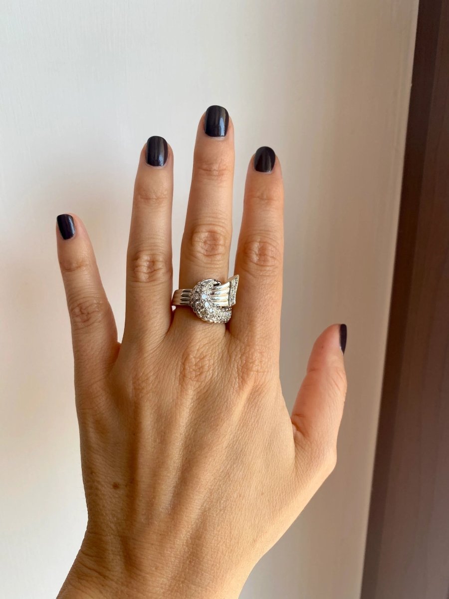 Art Deco Style Diamond Gold Bow Ring - Castafiore