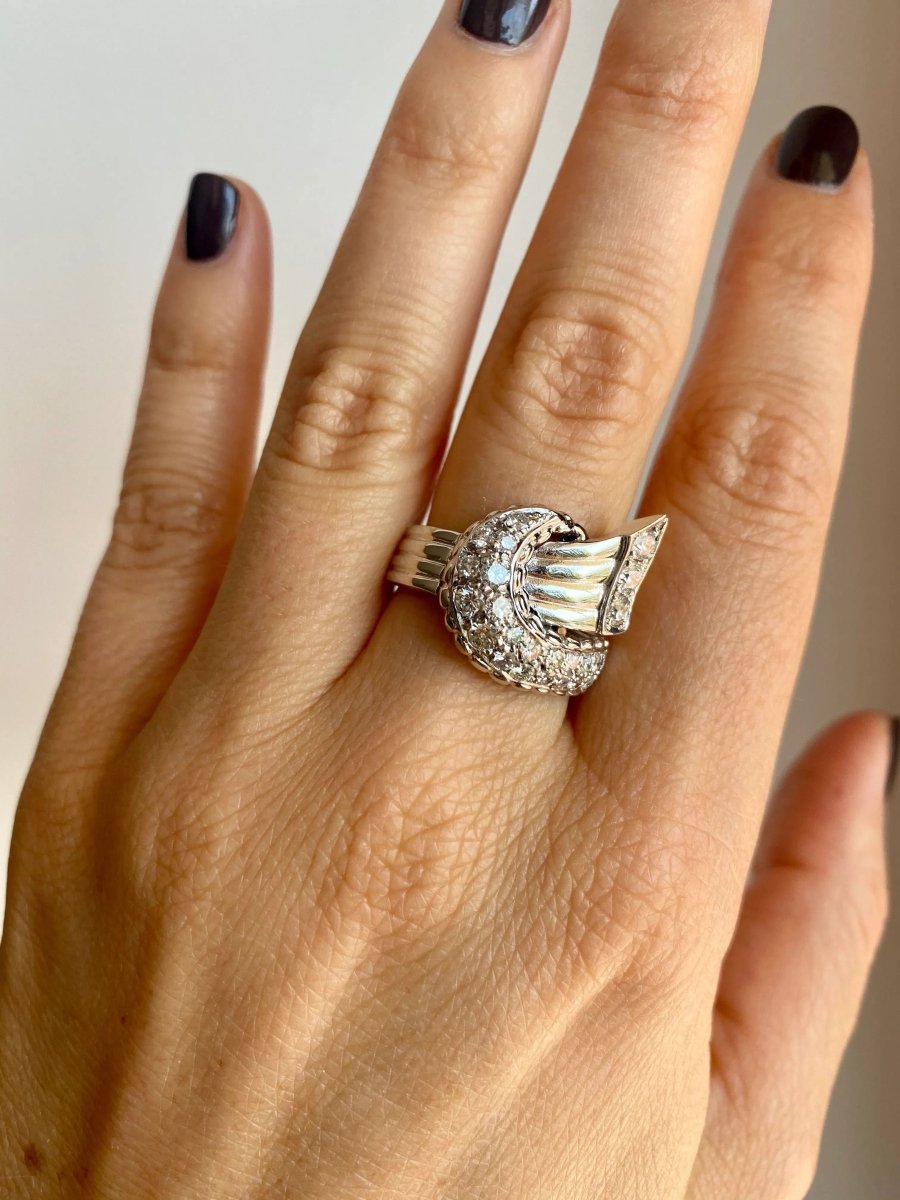 Art Deco Style Diamond Gold Bow Ring - Castafiore