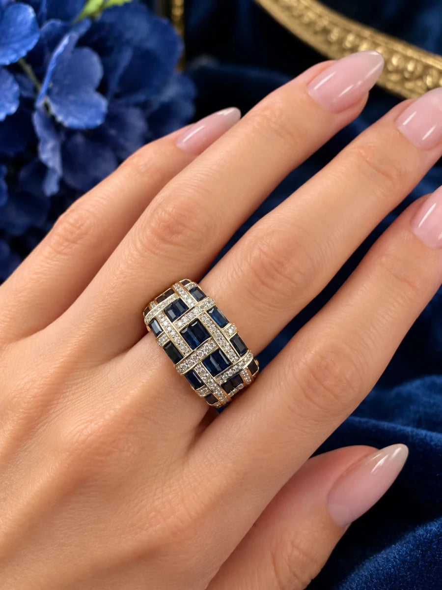 Art Deco-Style Yellow Gold Ring with Sapphires and Diamonds - Castafiore