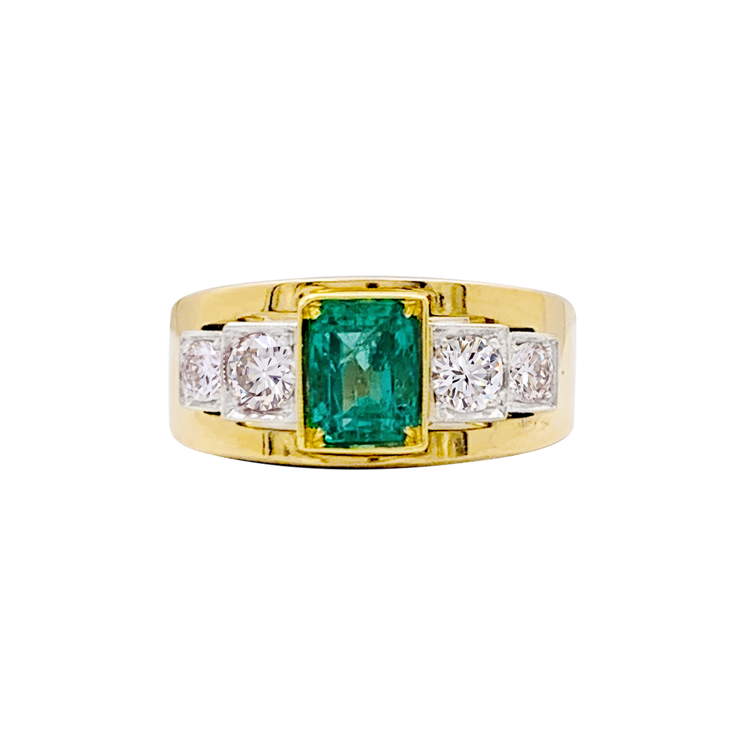 Bague bandeau deux tons d'or, émeraude et diamants.