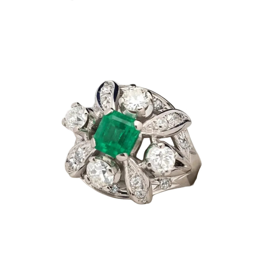 Cocktail Ring in Platinum, Emerald, and Diamonds