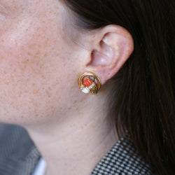 Clip Earrings in Yellow gold, Coral, and Diamonds