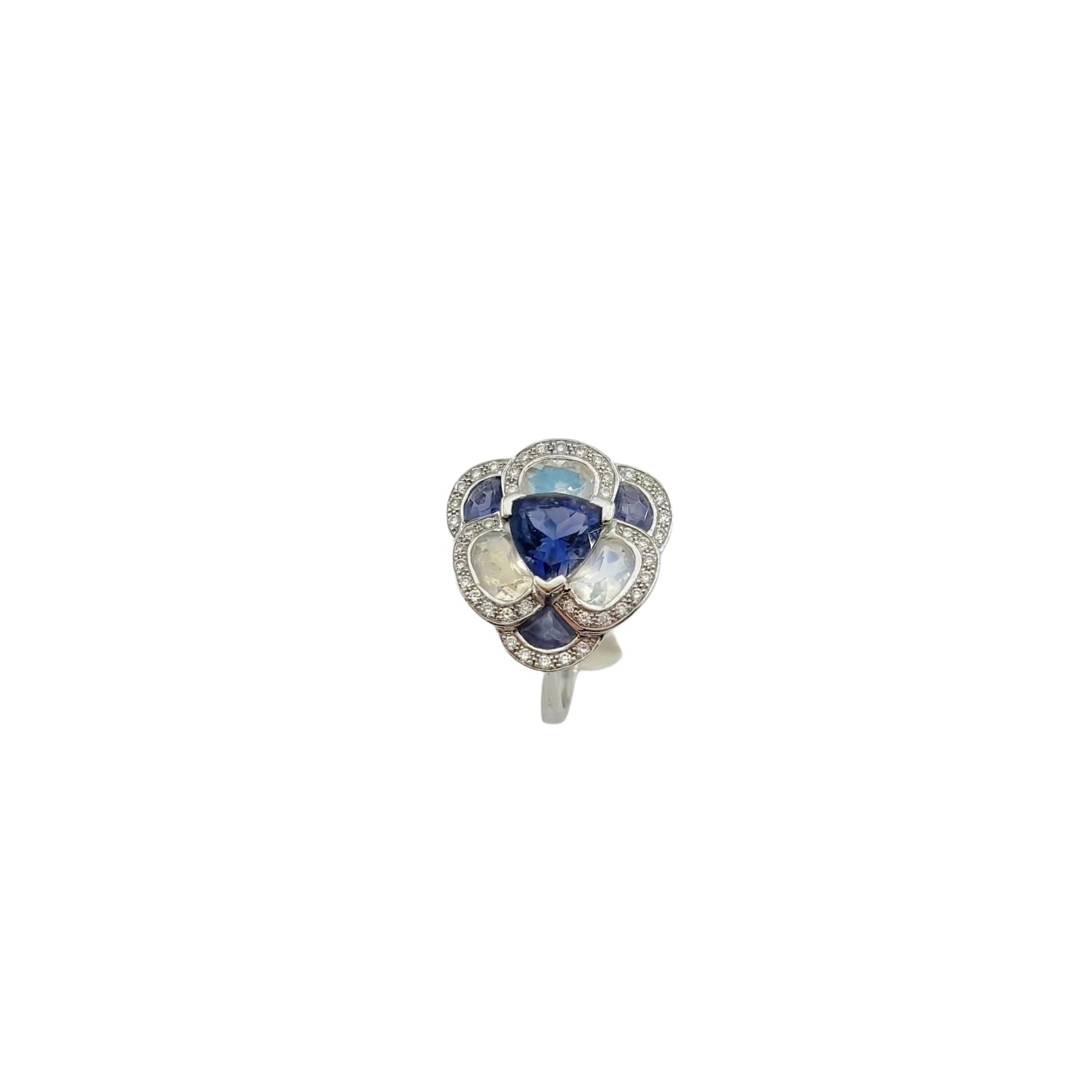 ISABELLE LANGLOIS "Flora Pensée" Entourage Ring in white gold, moonstones, iolites, and diamonds