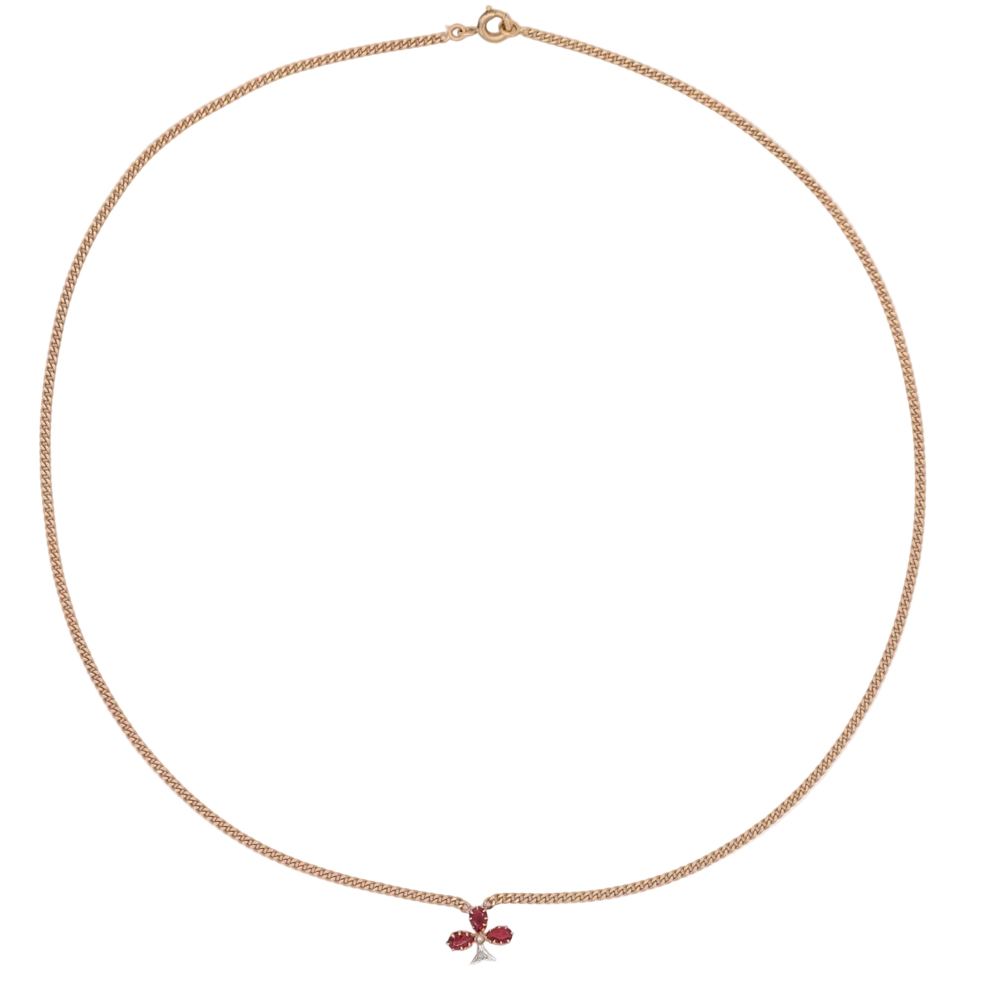 Rose Gold Necklace with Pendant, Pearl, Ruby, and Diamond