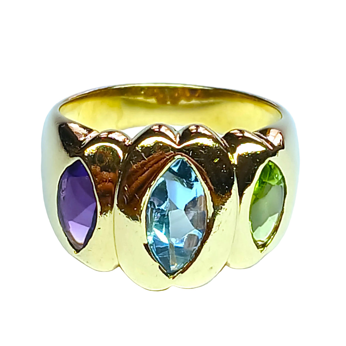 Trilogy Ring in yellow gold, with aquamarine, Peridot, and Amethyst