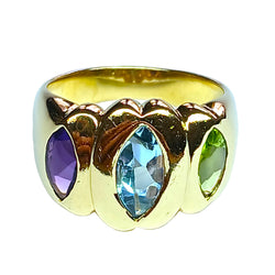 Trilogy Ring in yellow gold, with aquamarine, Peridot, and Amethyst