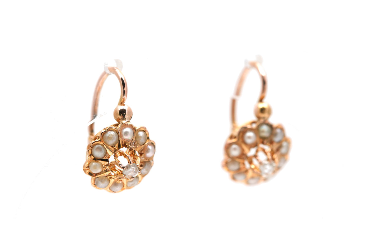 Yellow Gold Lever-back Earrings with Pearls and Diamonds