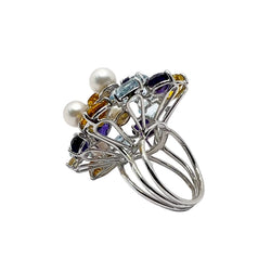 LUCIANO SOMENZI "Cocktail" Ring in white gold, with Amethyst, Quartz, Topaz, and Pearls