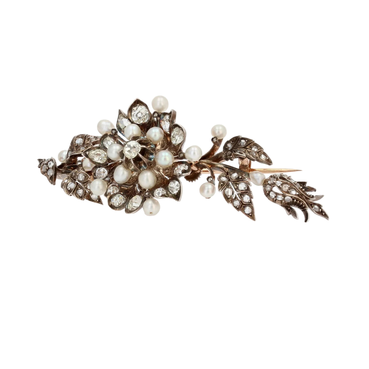 Broche Épingle en or rose, argent, perles et diamants