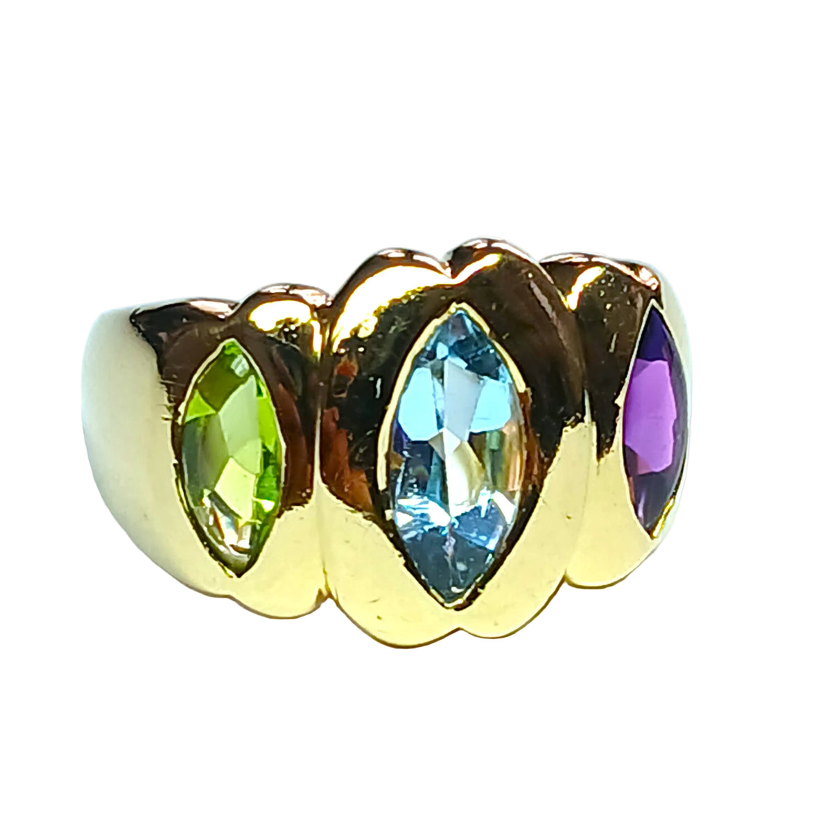 Trilogy Ring in yellow gold, with aquamarine, Peridot, and Amethyst