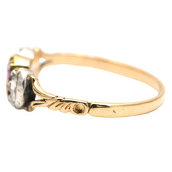 Trilogy Ring in yellow gold, rubies, and diamonds