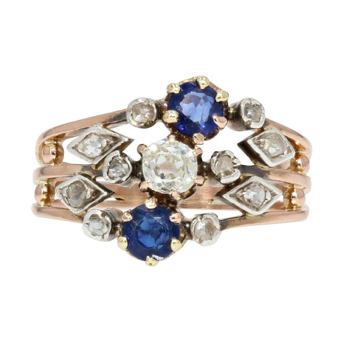 Bague ancienne 3 anneaux saphirs diamants - Castafiore