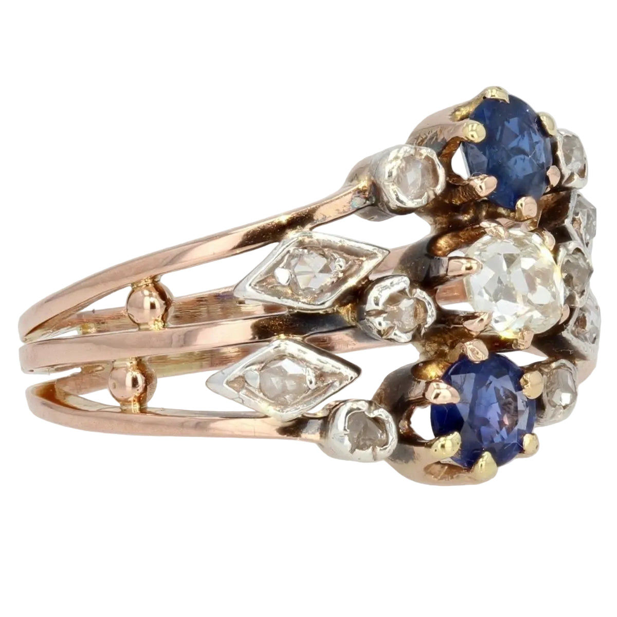 Bague ancienne 3 anneaux saphirs diamants - Castafiore