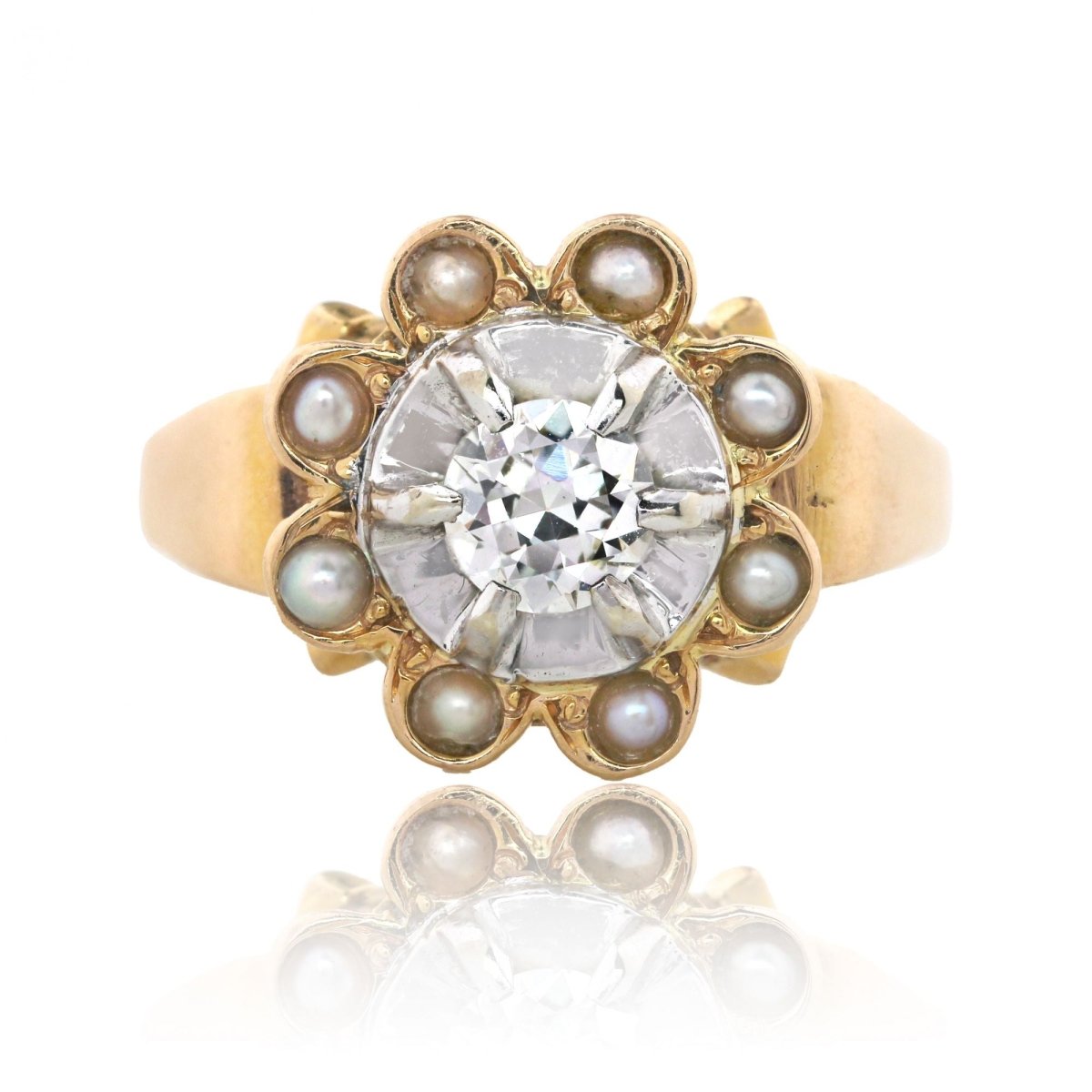 Bague ancienne diamants entourée de perles - Castafiore