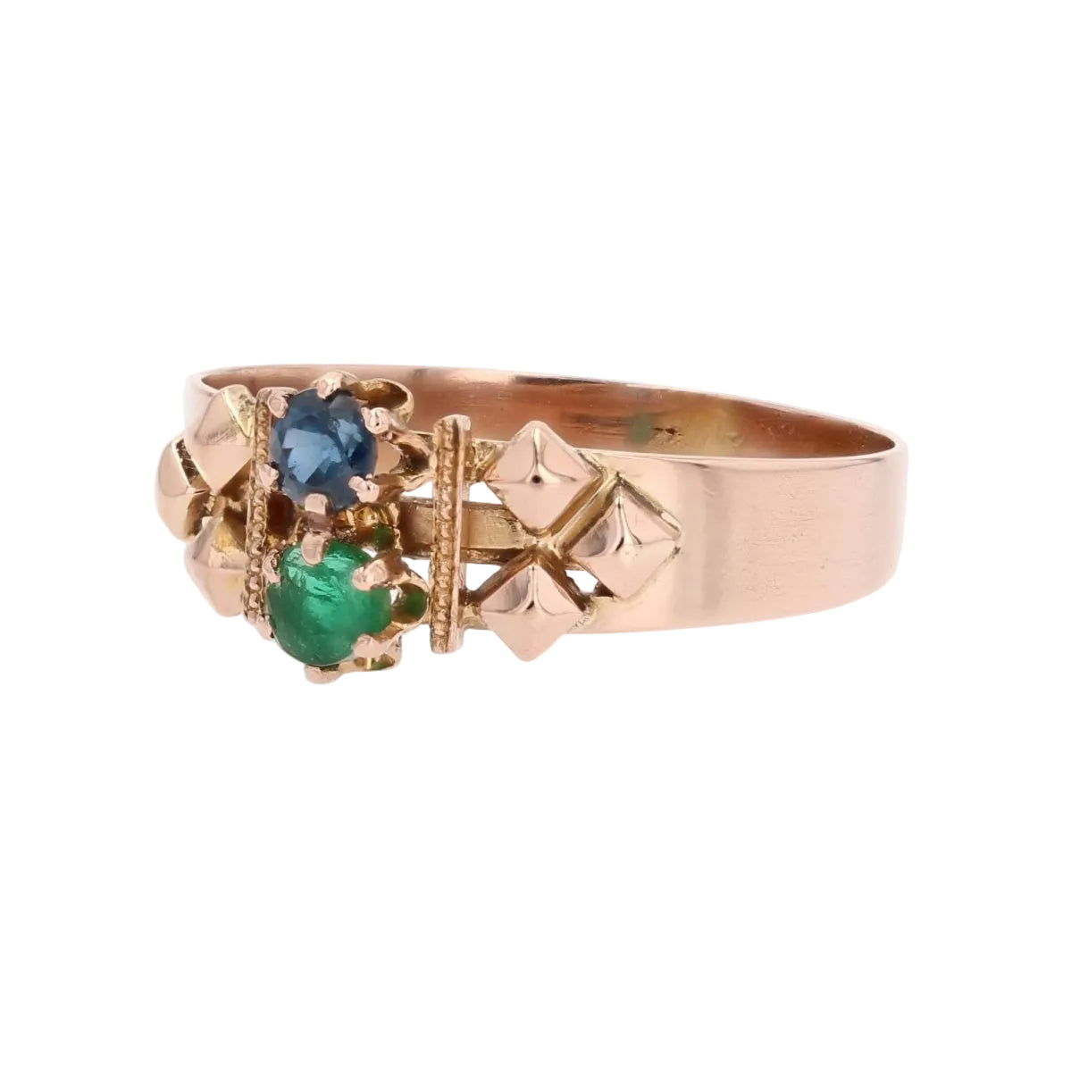 Bague ANCIENNE Émeraude saphir en or rose - Castafiore