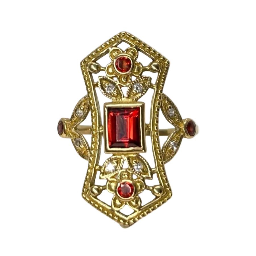 Bague ancienne en or jaune grenats et diamants - Castafiore