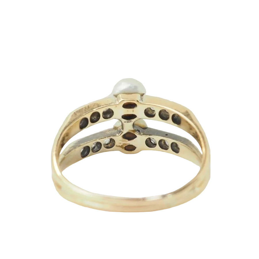 Bague ancienne en or jaune, perles de culture et diamants - Castafiore