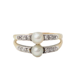 Bague ancienne en or jaune, perles de culture et diamants - Castafiore