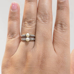 Bague ancienne en or jaune, perles de culture et diamants - Castafiore