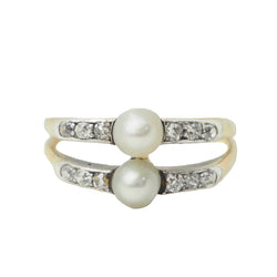 Bague ancienne en or jaune, perles de culture et diamants - Castafiore