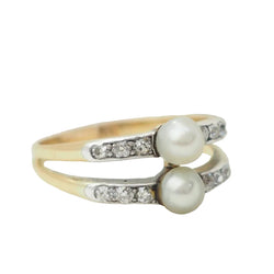 Bague ancienne en or jaune, perles de culture et diamants - Castafiore