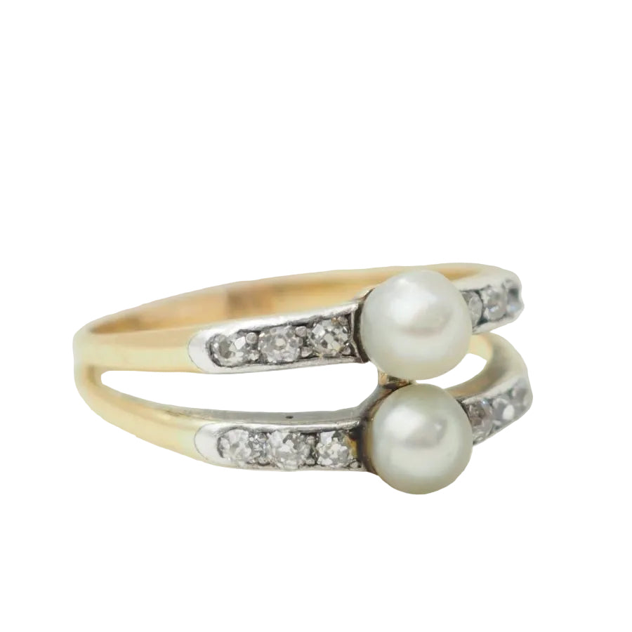 Bague ancienne en or jaune, perles de culture et diamants - Castafiore