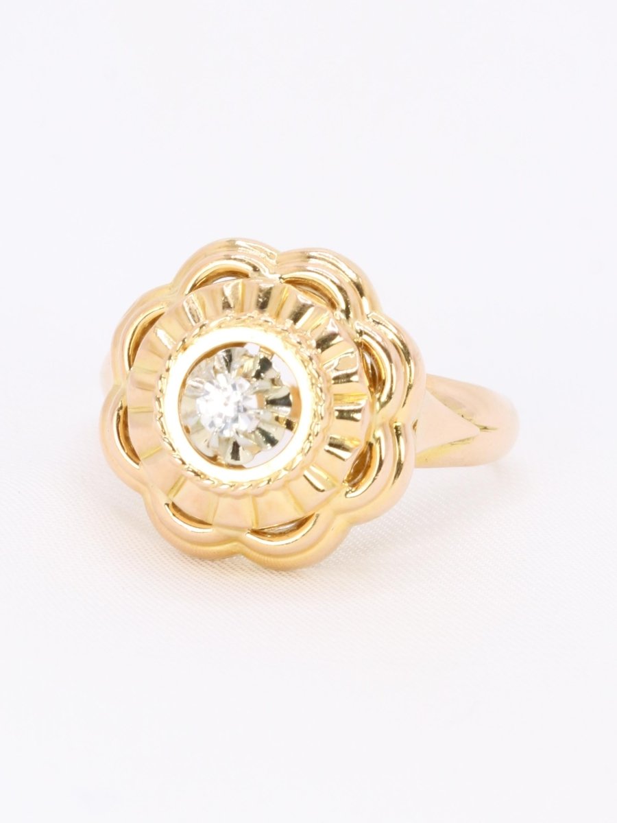Bague ancienne fleur or jaune pierre blanche - Castafiore
