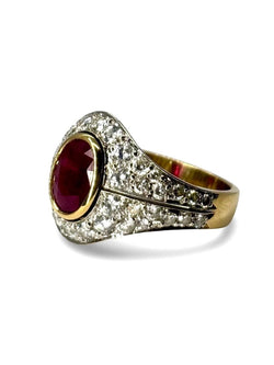 Bague ancienne or jaune rubis 1,5 ct et diamants 1 ct - Castafiore