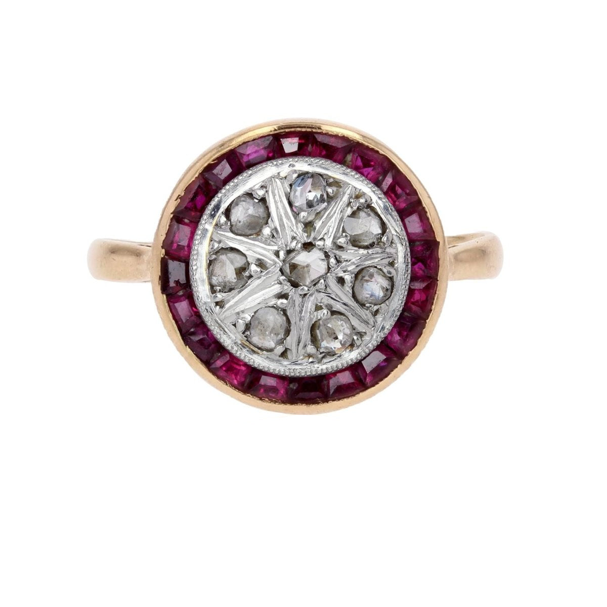 Bague ancienne ronde diamants taillés en rose et rubis calibrés - Castafiore