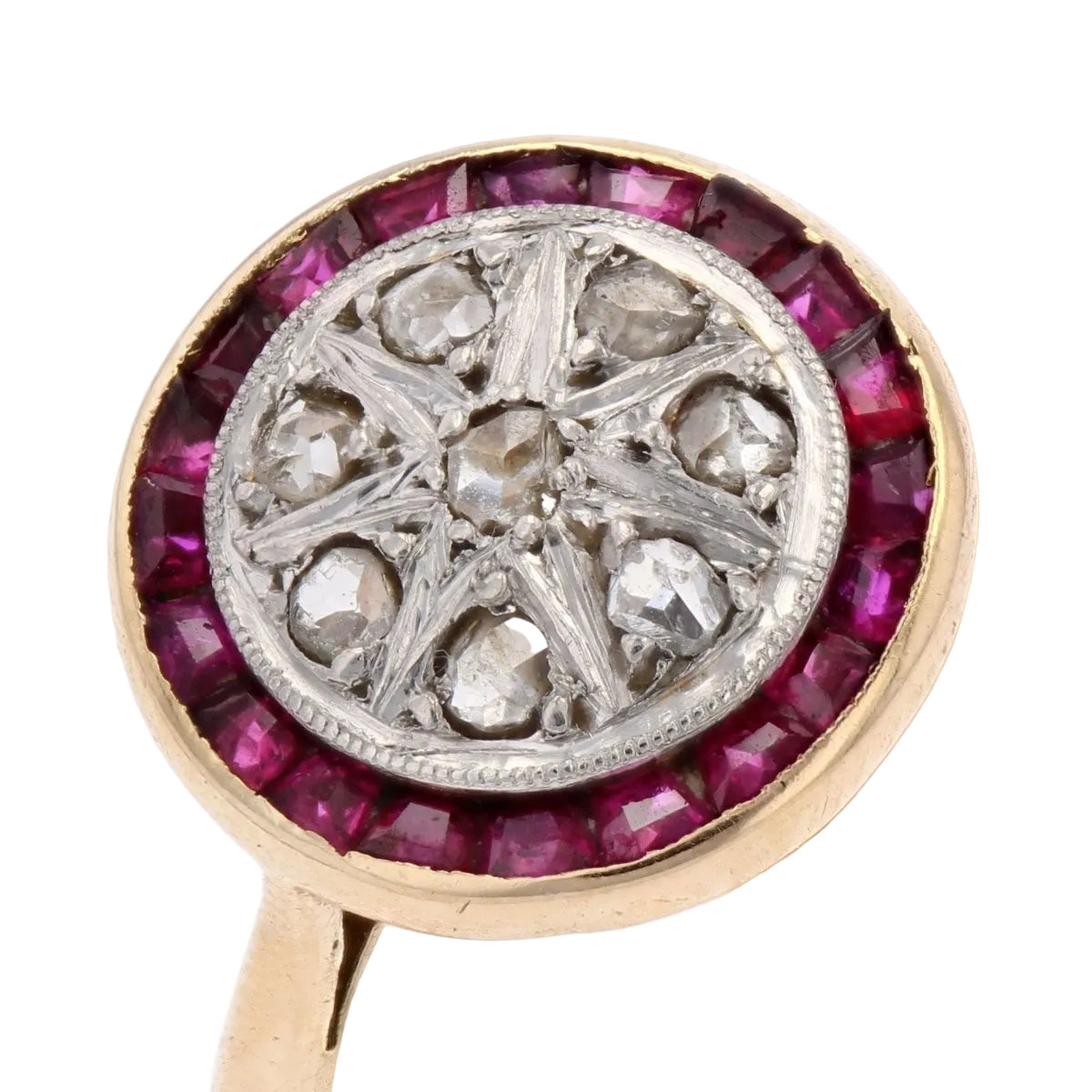 Bague ancienne ronde diamants taillés en rose et rubis calibrés - Castafiore