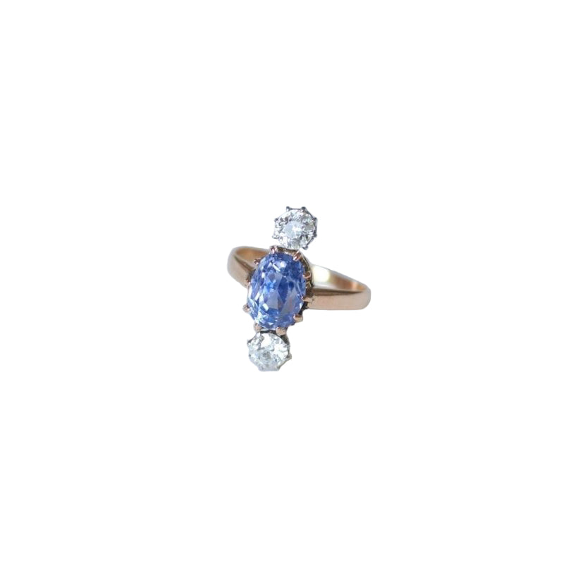 Bague Ancienne Saphir de Ceylan Non Chauffé et Diamants sur Or Rose - Castafiore